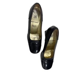 Vintage Bruno Magli black leather pumps with block heel and square round toe